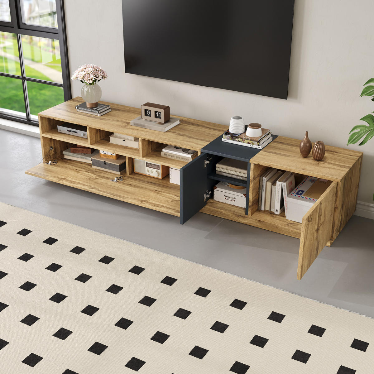 TV-LOWBOARD Eichefarben mit Türen und offenen Fächern - Eichefarben, Holzwerkstoff/Metall (200/45/45cm) - Urban Meuble