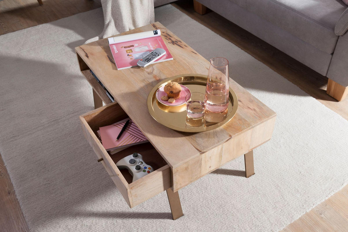 COUCHTISCH in Rustikalem Landhausstil, Massives Mangoholz und Metall, Maße 95x42x50 cm - Beige/Braun, Holz/Metall (50/95/42cm) - KADIMA DESIGN