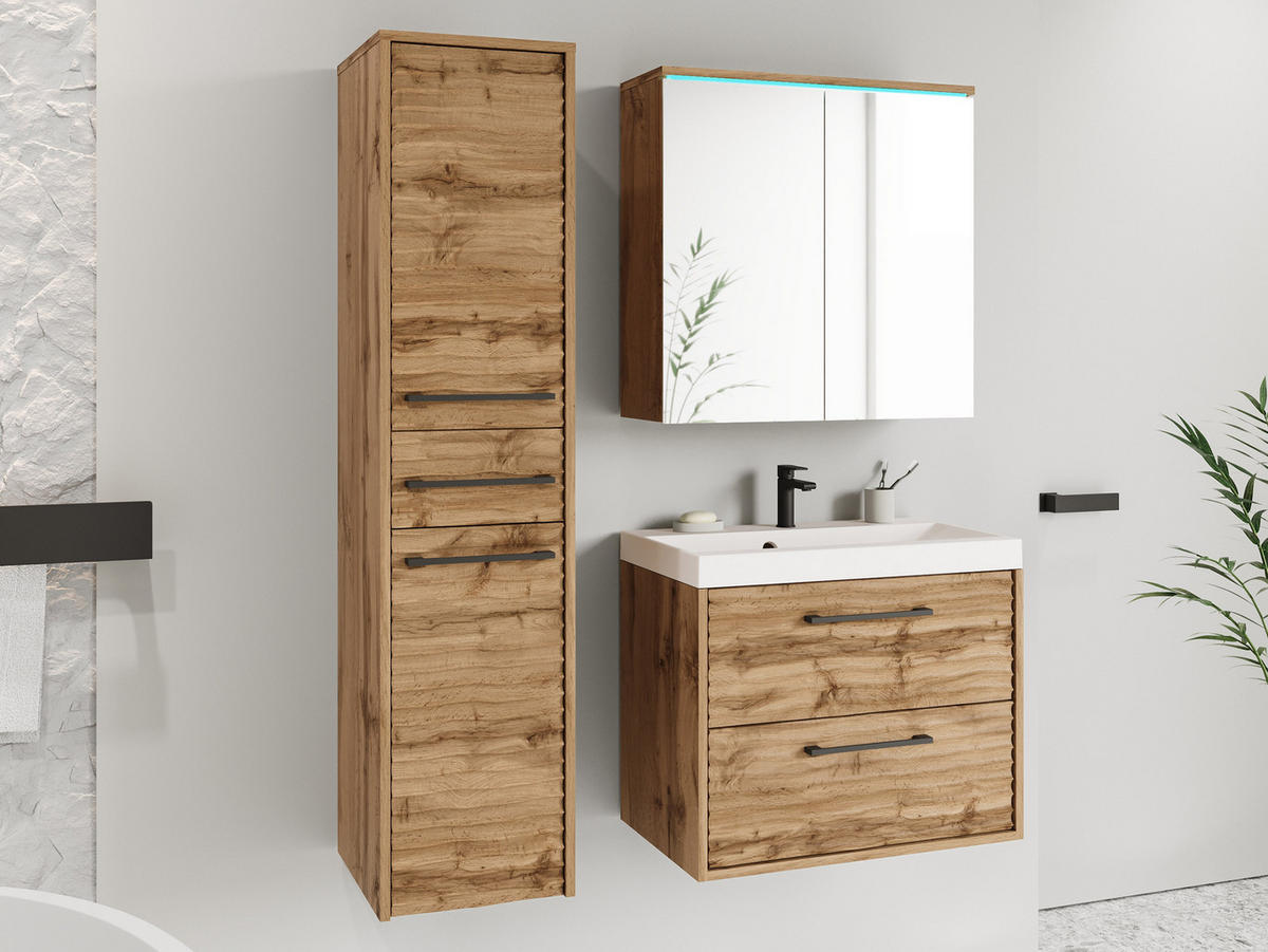 BADMÖBEL-SET Canavas I mit blauer LED Beleuchtung - Schwarz/Braun, Holzwerkstoff/Metall (30/130/35cm) - MIRJAN24