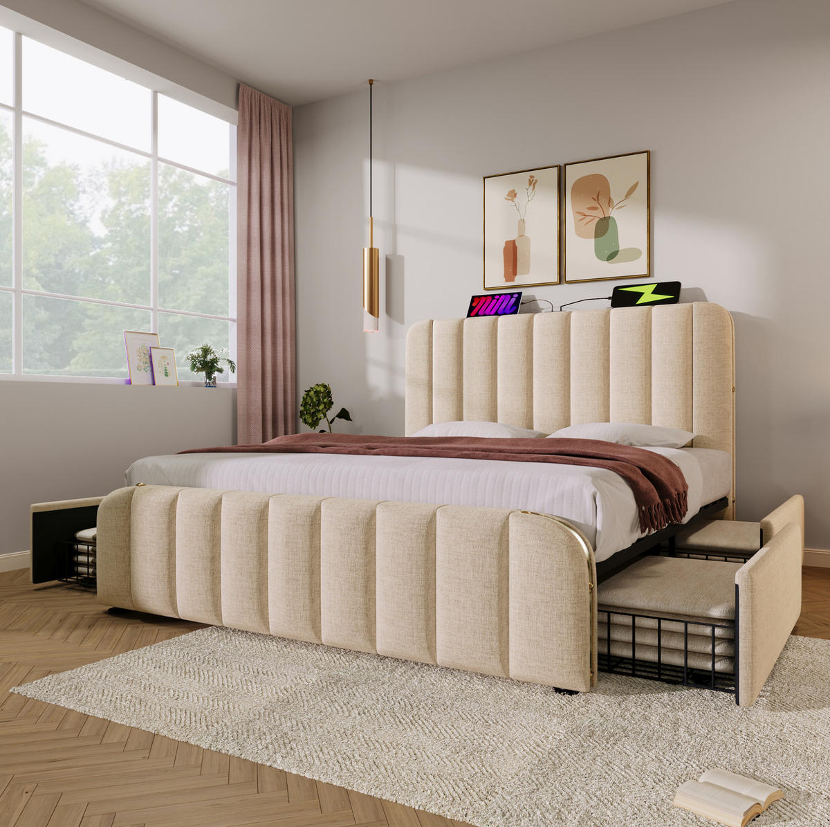 POLSTERBETT 160/200 cm Beige mit 4 Schubladen und USB- und Type-C-Anschlüssen - Beige, Textil (160/200cm) - Flora Grace