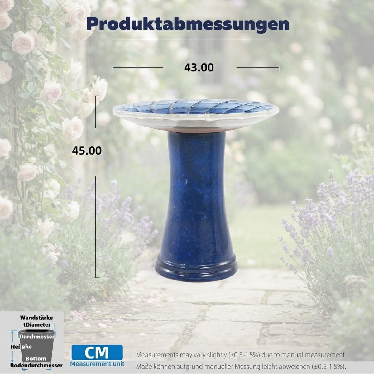 VOGELBAD mit Standfuß, Keramik Ø43/45H cm, Wetterfest, Blau - Dunkelblau, Keramik (43/45/43cm) - LVHOM