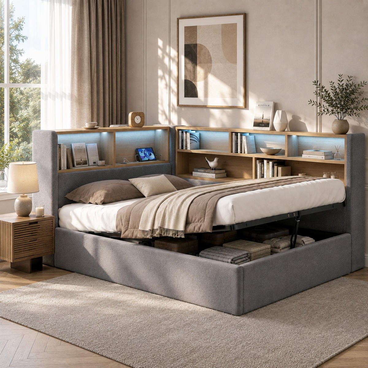 BETT 140/200 mit Bettkasten, LED und USB-C in Grau - Grau, Holzwerkstoff/Textil (140/200cm) - EVRYAE
