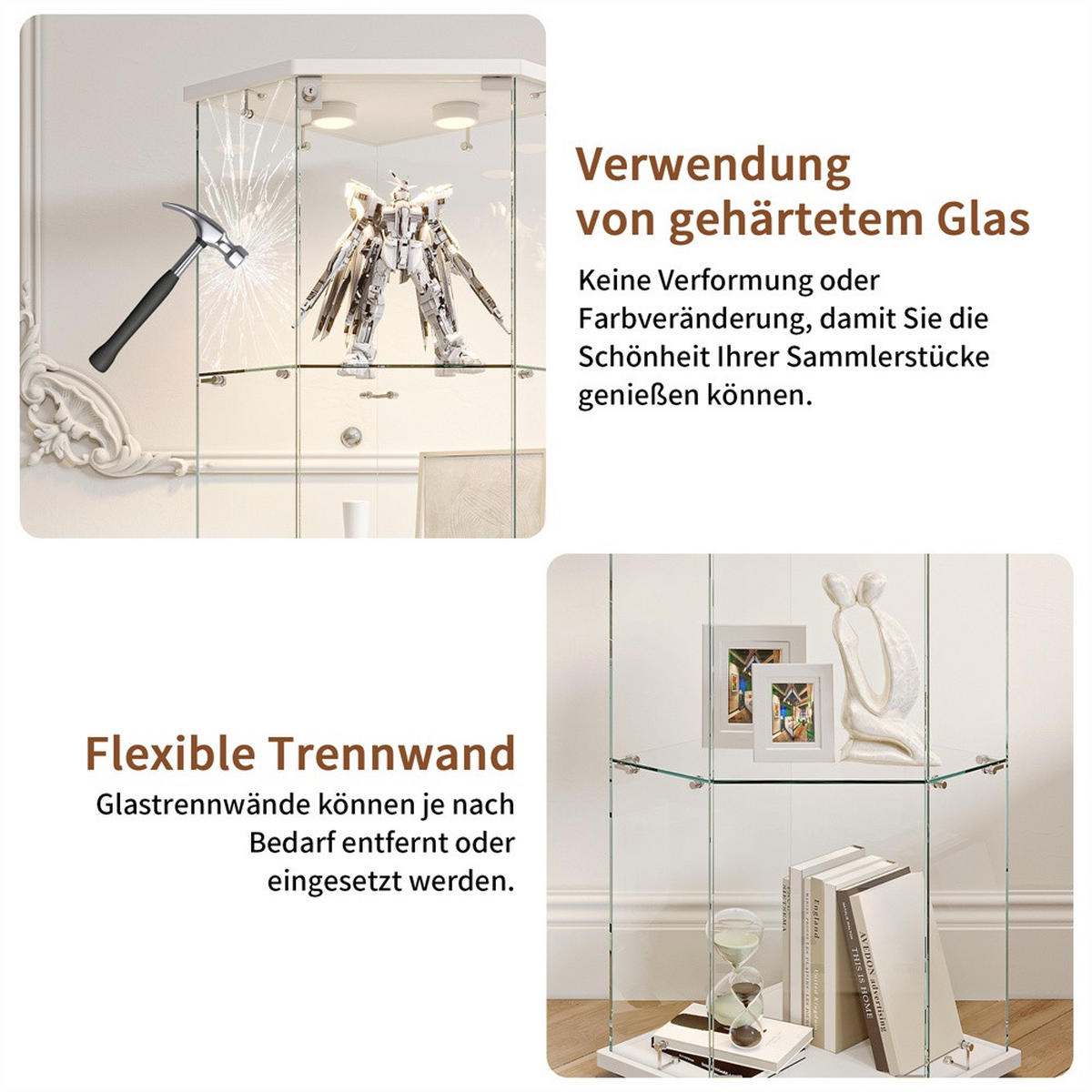 VITRINE mit LED Beleuchtung - Eckvitrine mit 4 Ebenen und 1 Tür - Glaskvitrine mit Schloss - Weiß - Weiß, Glas (60/162/42.5cm) - DELFA