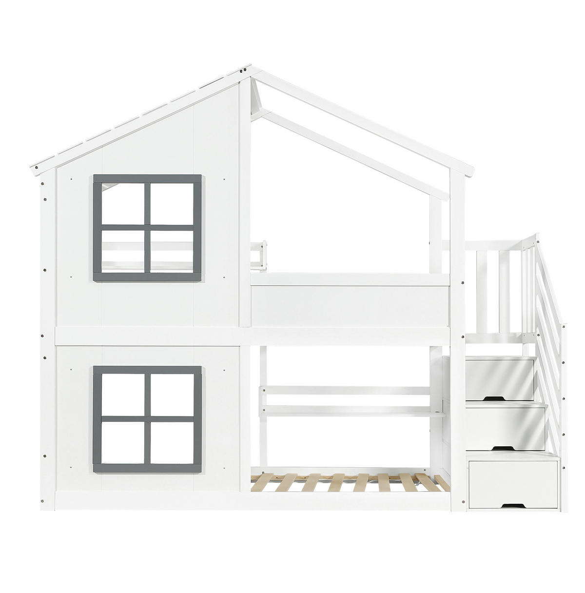 ETAGENBETT 90/200 cm mit Treppenregal, Fenstern und Dach, Kiefer/MDF, Weiß/Grau - Weiß, Holz (90/200cm) - Redom