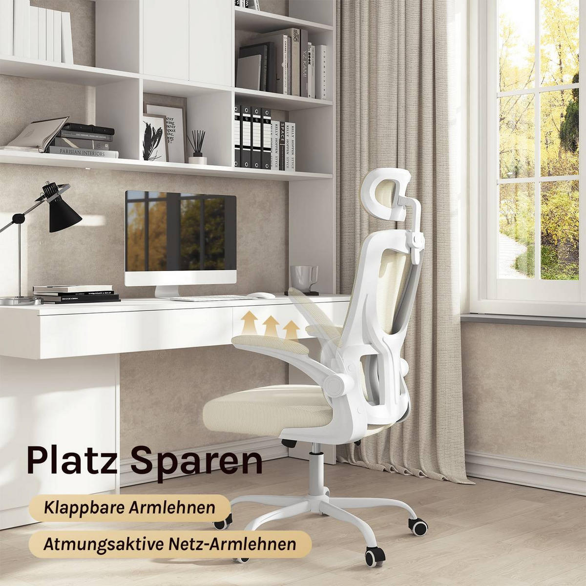 BÜROSTUHL ergonomisch, Netzstoff, Beige - Beige, Kunststoff/Textil (62/116/69.5cm) - Woltu