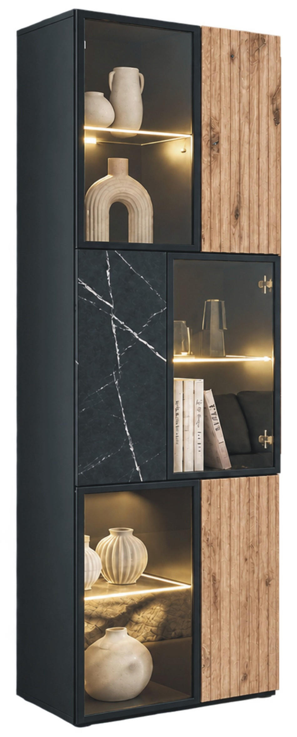 VITRINE schwarz, Vicking Eiche und Marmor schwarz 60 x 182 cm, Vitrinenschrank inklusive LED-Beleuchtung - Eichefarben/Schwarz, Glas/Holzwerkstoff (60/182/37cm) - Inn.Furn