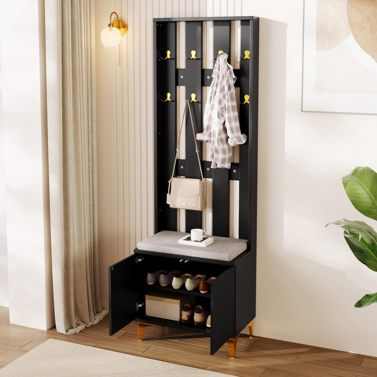 GARDEROBE mit Wellenfront Push-to-open Türen verstellbaren Regalen goldenen Akzenten - Goldfarben/Schwarz, Holzwerkstoff/Metall (60.5/180.5/35.2cm) - EVRYAE