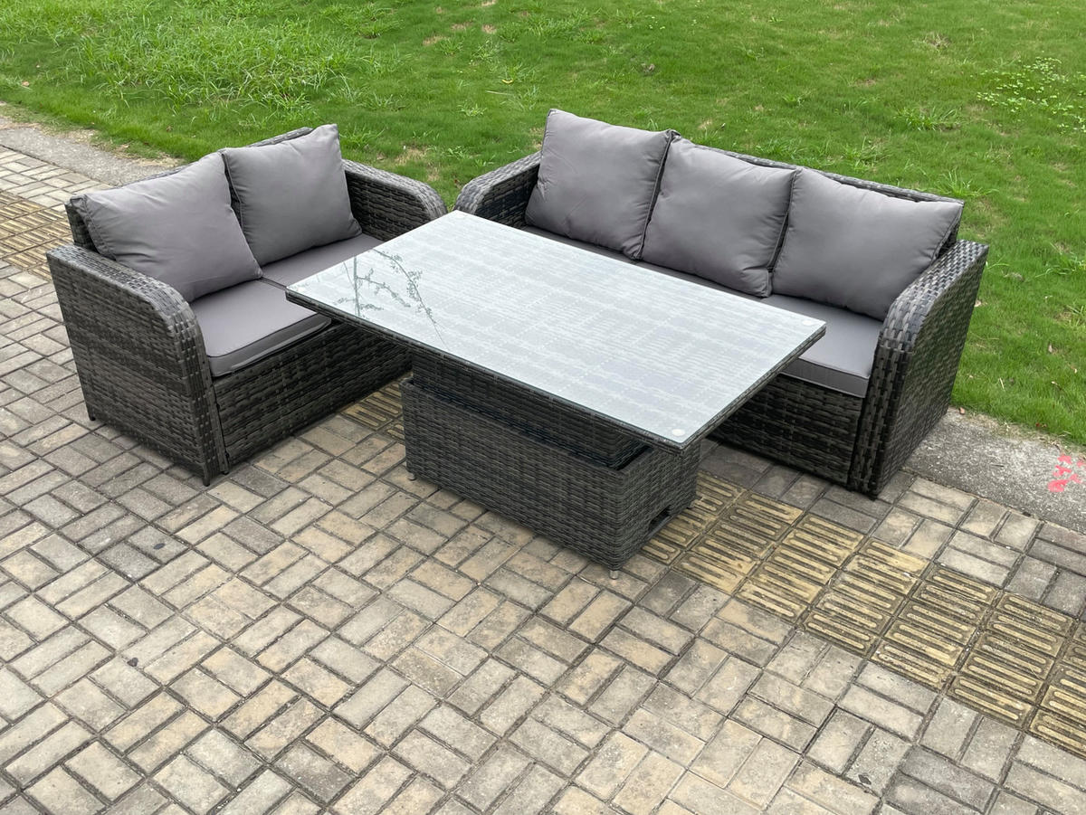 GARTENSOFA SET Polyrattan 5-Sitzer - Dunkelgrau/Grau, Glas/Kunststoff - Fimous