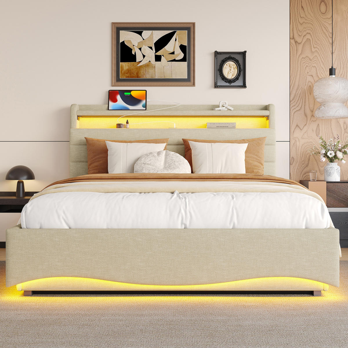 ČALÚNENÁ posteľ z ľanu 140x200 cm sivá s LED osvetlením, hydraulickým úložným priestorom, USB a USB-C - sivá, textil (140/200cm) - Modfu