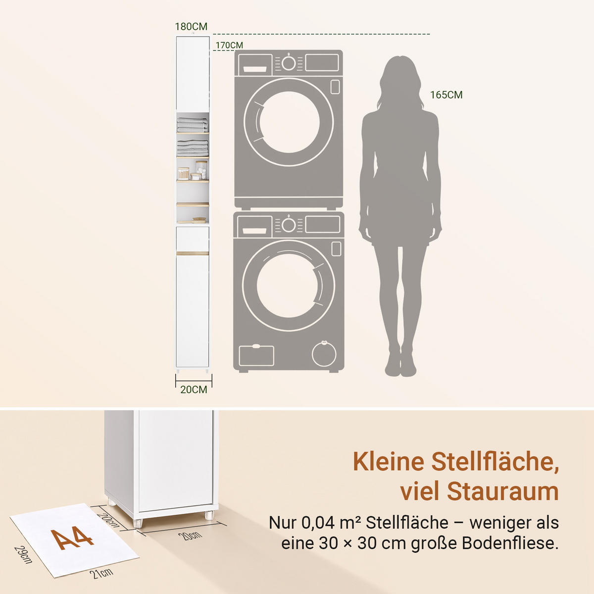 HOCHSCHRANK schmal Badschrank Weiß-Natur 20x20x180 cm - Weiß/Naturfarben, Holzwerkstoff (20/180/20cm) - SoBuy
