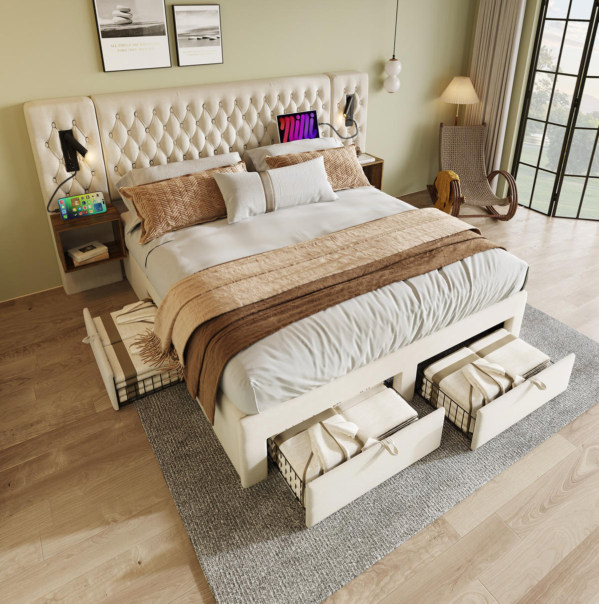 POLSTERBETT 160/200 cm mit 2 Nachttischen, 4 Schubladen, Leselicht, USB und Type-C,und Matratze, Beige - Beige, Textil (160/200cm) - Redom