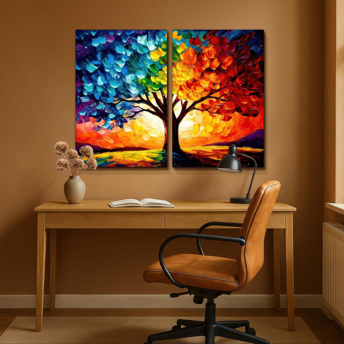 LEINWANDBILD 2er Set Baum - Farbenfroh - Malerei-Look - Abstrakt 120x90 cm - Multicolor, Textil (120/90cm) - MuchoWow