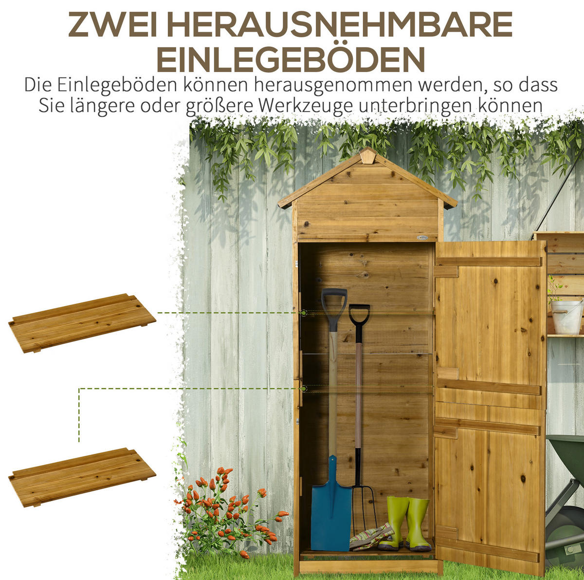 GARTENSCHRANK 49/79/191,5 cm mit 2 Türen, 2 Regalböden und wetterfestem Bitumendach, Naturholz - Naturfarben, Holz (49/191.5/79cm) - Redom