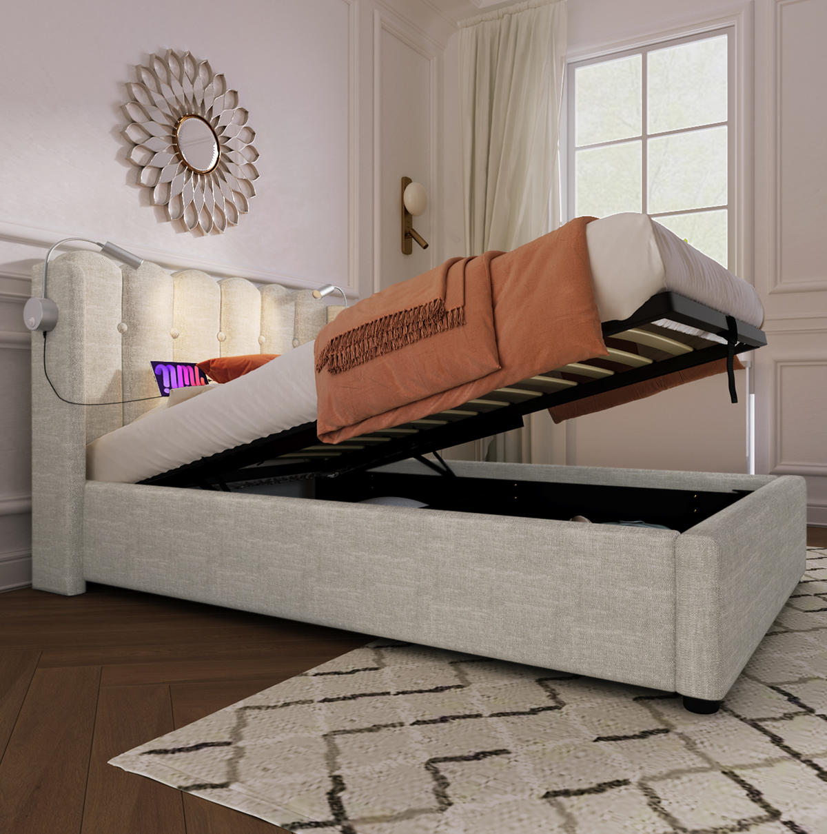 POLSTERBETT 90/200 cm mit hydraulischem Bettkasten, Leselicht & 2 USB-Anschluss, Natur - Naturfarben, Textil (90/200cm) - Redom