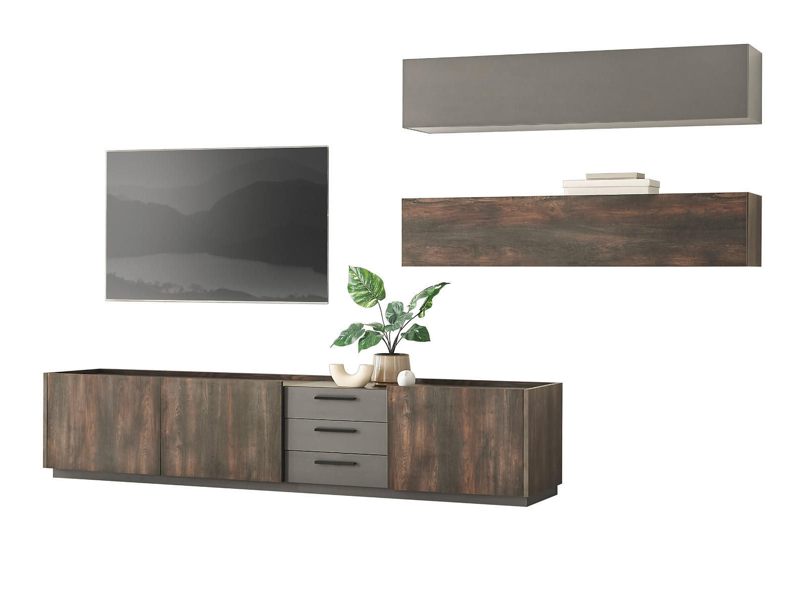 WOHNWAND Thermo Eiche, grau, Set 3-teilig mit XXL TV-Lowboard und Soft-Close - Eichefarben/Grau, Holzwerkstoff/Metall (316/200/45cm) - Furn.Design