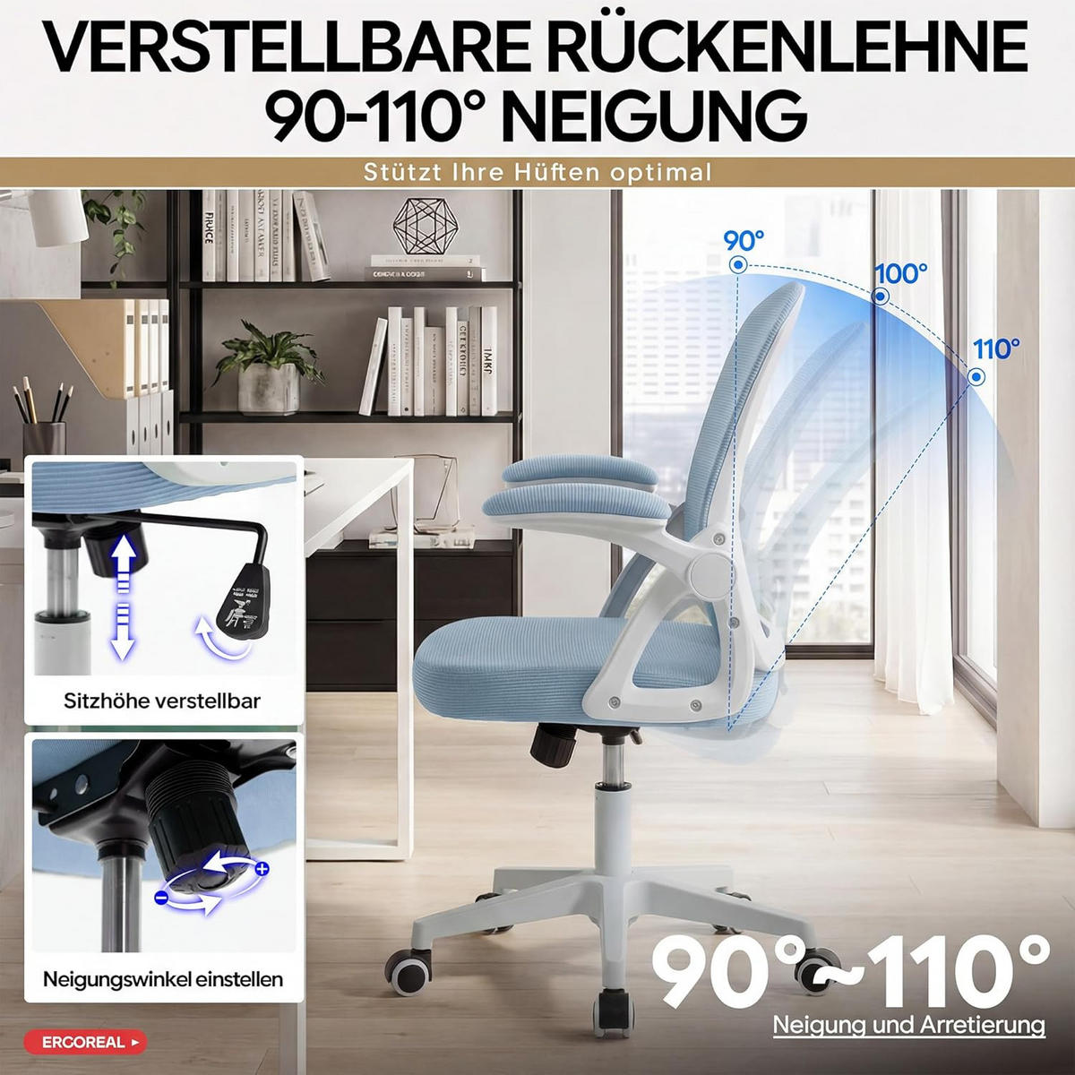 BÜROSTUHL Ergonomischer 90-110°neigbar, 90° Aufklappbare Armlehnen - Blau, Metall (60/92/57cm) - Gisaae