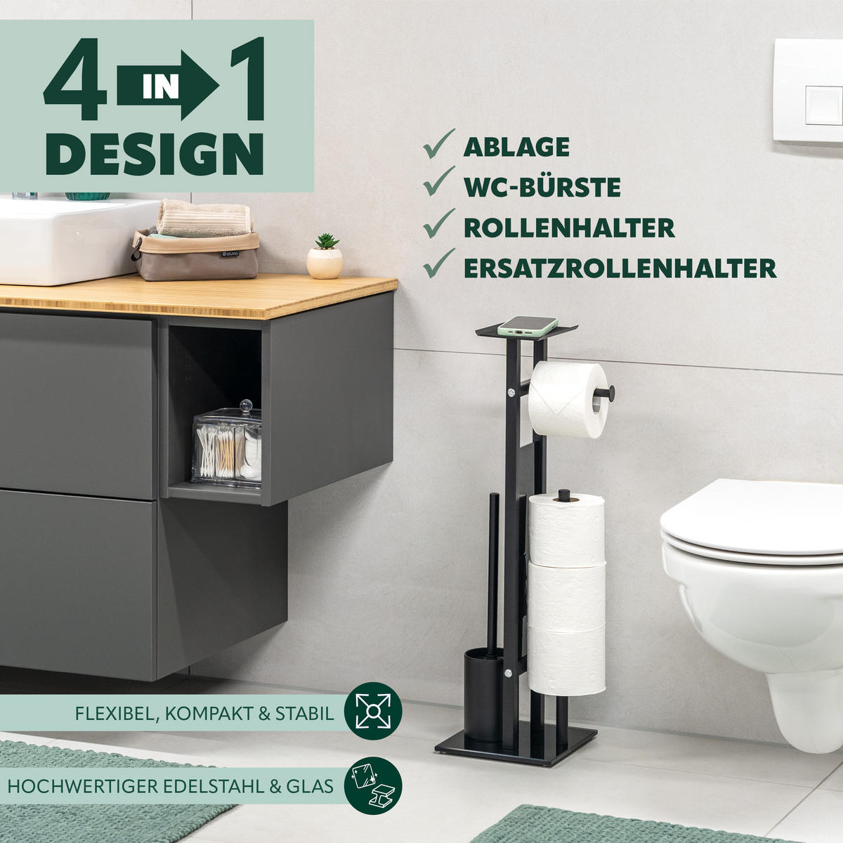 STAND-WC-GARNITUR 4IN1, schwarz - Schwarz, Metall (28/67/20cm) - eluno