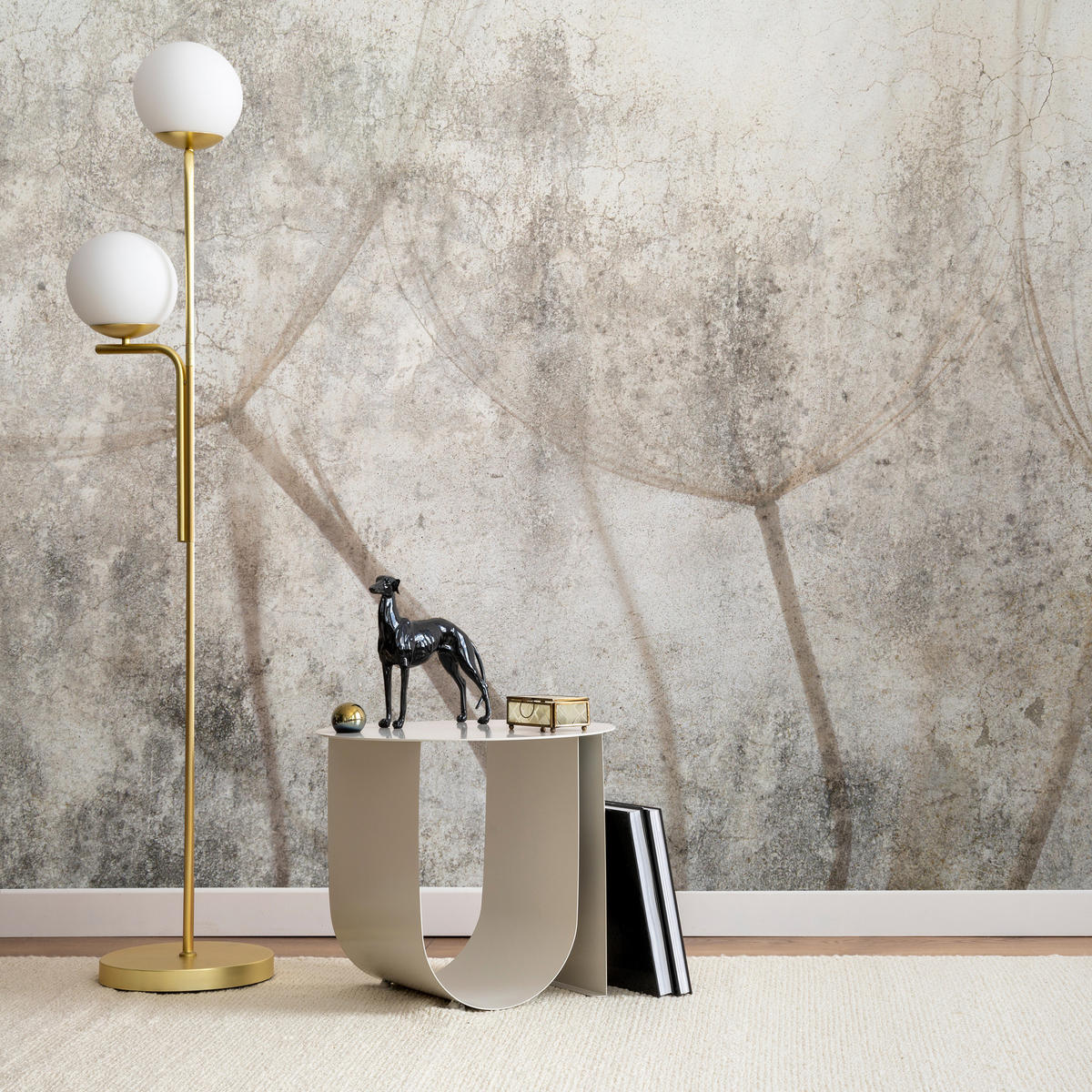 FOTOTAPETE für Wohnzimmer Zarter Skizze Löwenzahn Grauer Beton Minimalistisch 500x350 - Beige/Braun, Papier (500/350cm) - Muralo