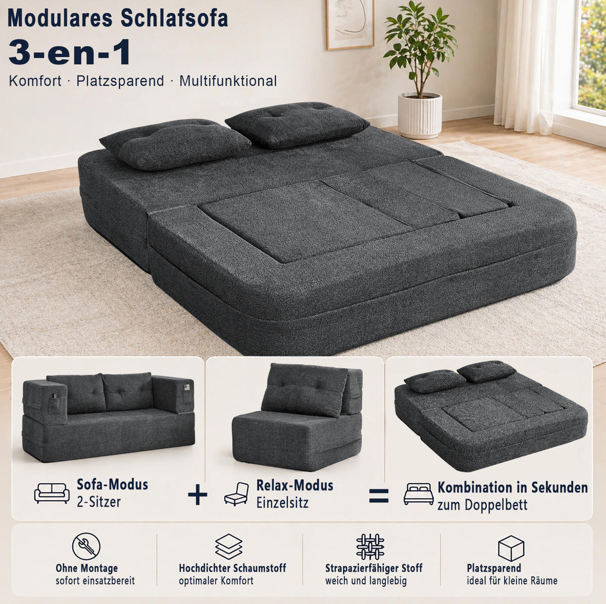 SCHLAFSOFA klappbar mit modularem Sessel, Memory-Schaum und Seitentaschen, Dunkelgrau - Dunkelgrau, Textil (199/39/194cm) - Redom