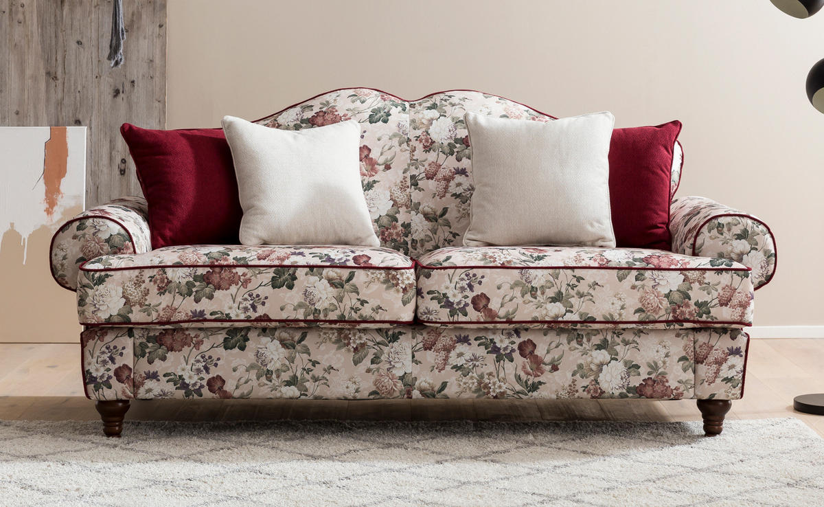 SOFA 3-SITZER creme Landhaus, Blumen Design, Couch 200 cm - Rot/Multicolor, Holz/Textil (200/96/90cm) - Furn.Design