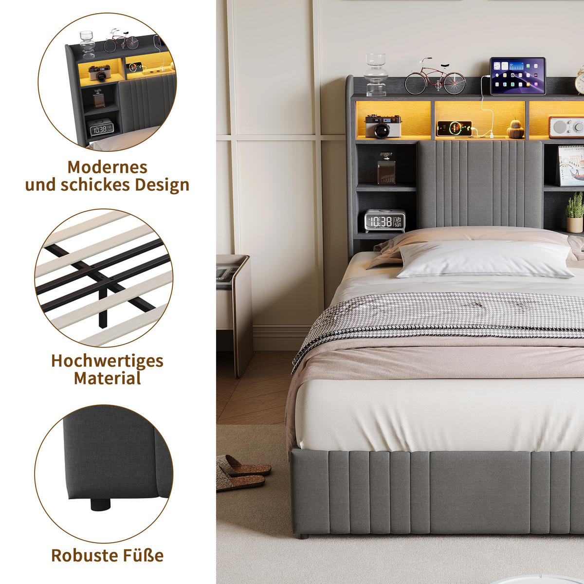 POLSTERBETT 90/200 cm Grau mit 2 Schubladen, LED-Kopfteil mit Ablage und USB - Grau, Metall (90/200cm) - EuroLiving