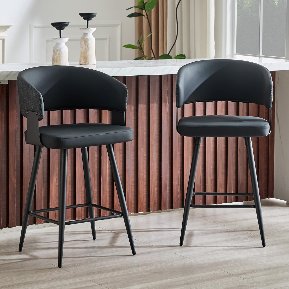 BARHOCKER DE-36674 2er Set mit PU-Bezug und Metallgestell Schwarz - Schwarz, Metall (47/94.5/46cm) - ComfortXL