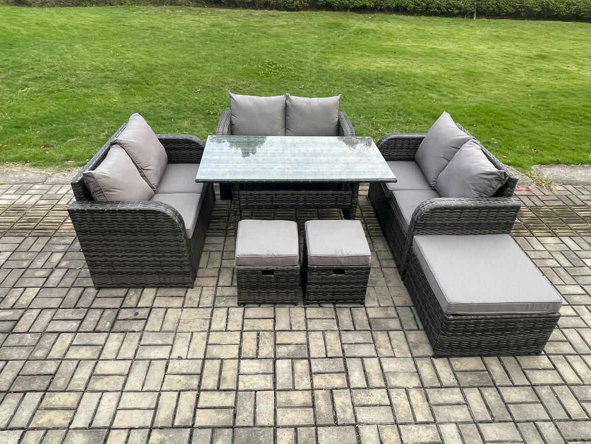 SITZGRUPPE mit Esstisch,Zweisitzer,3 Hockern Polyrattan 9-Sitzer - Dunkelgrau/Grau, Glas/Kunststoff - Fimous