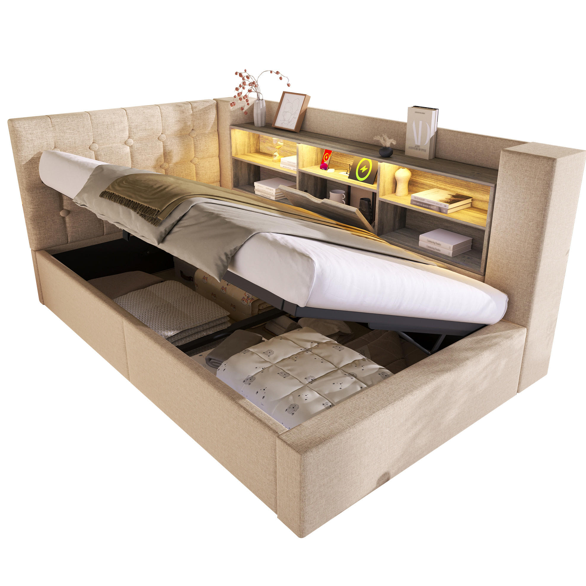 POLSTERBETT mit Stauraum 90x200 cm Leinen Beige inkl. Matratze - Beige, Metall (90/200cm) - Meubliv