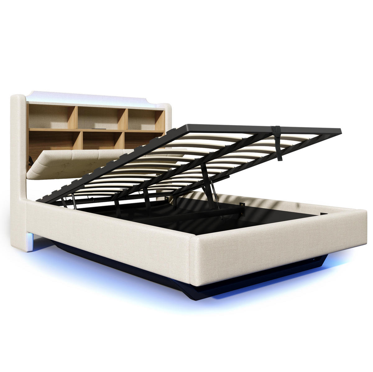 POLSTERBETT 140/200 cm mit LED-Lichtleiste, USB- und Typ-C-Anschlüssen, hydraulischem Stauraum und Staufächern, Beige - Beige, Textil (140/200cm) - Redom