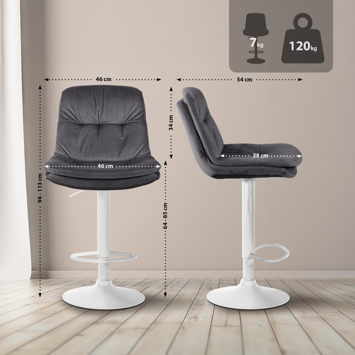 BARHOCKER Samt dunkelgrau - Dunkelgrau/Schwarz, Textil (46/94/54cm) - CLP