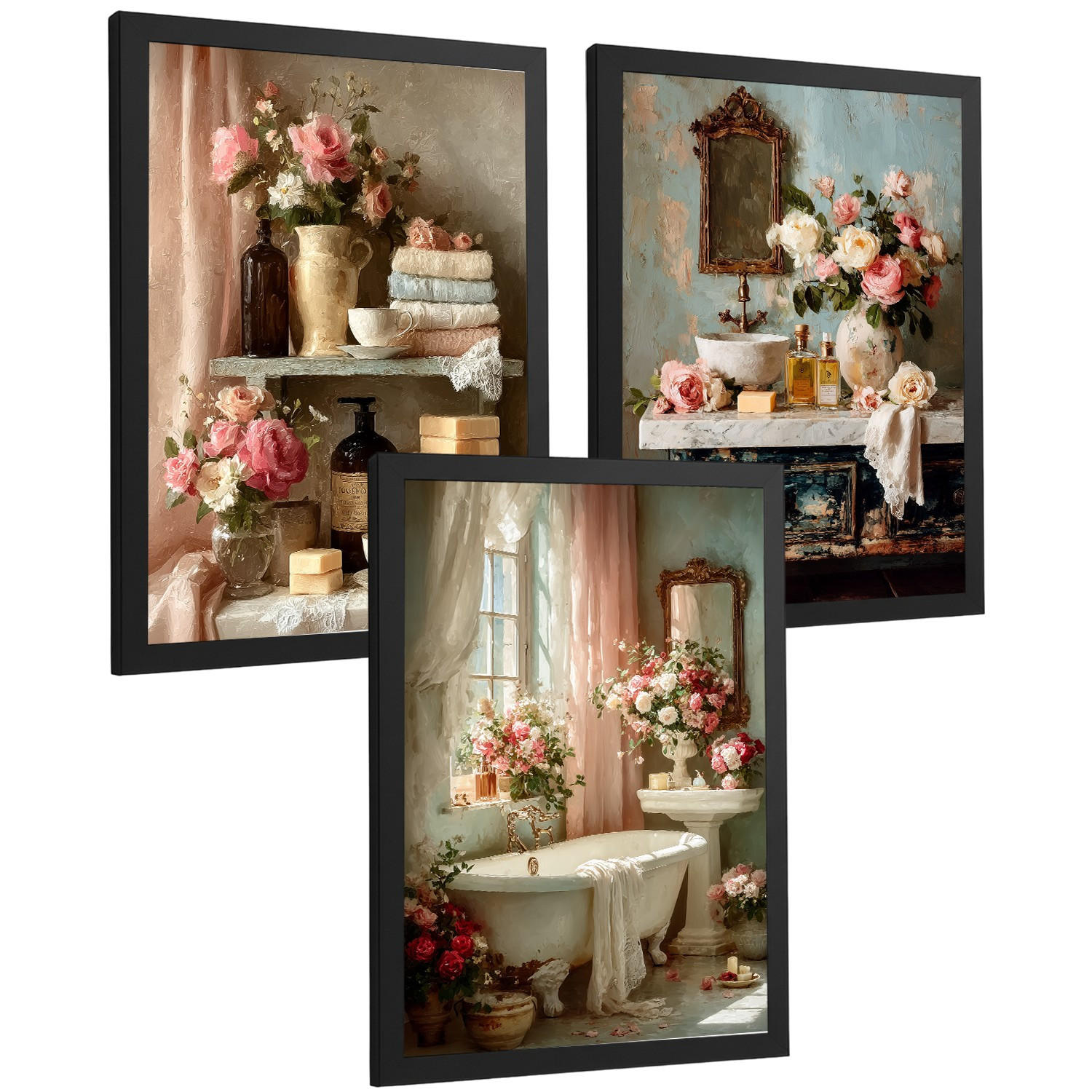 POSTER 3er-Set dekorative Badezimmerdrucke, romantischer Stil, Bilder mit Rosen Badewanne und Parfums, Blumenposter, Schwarzer Rahmen A3 - Schwarz, Papier (42/29.7/3cm) - Nacnic