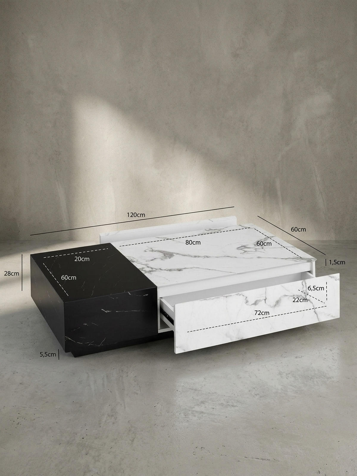 COUCHTISCH Weiß Schwarz Marmor-Optik 120x60x28 cm mit Schubladen und Stauraum - Schwarz/Weiß, Holzwerkstoff (60/120/28cm) - KADIMA DESIGN