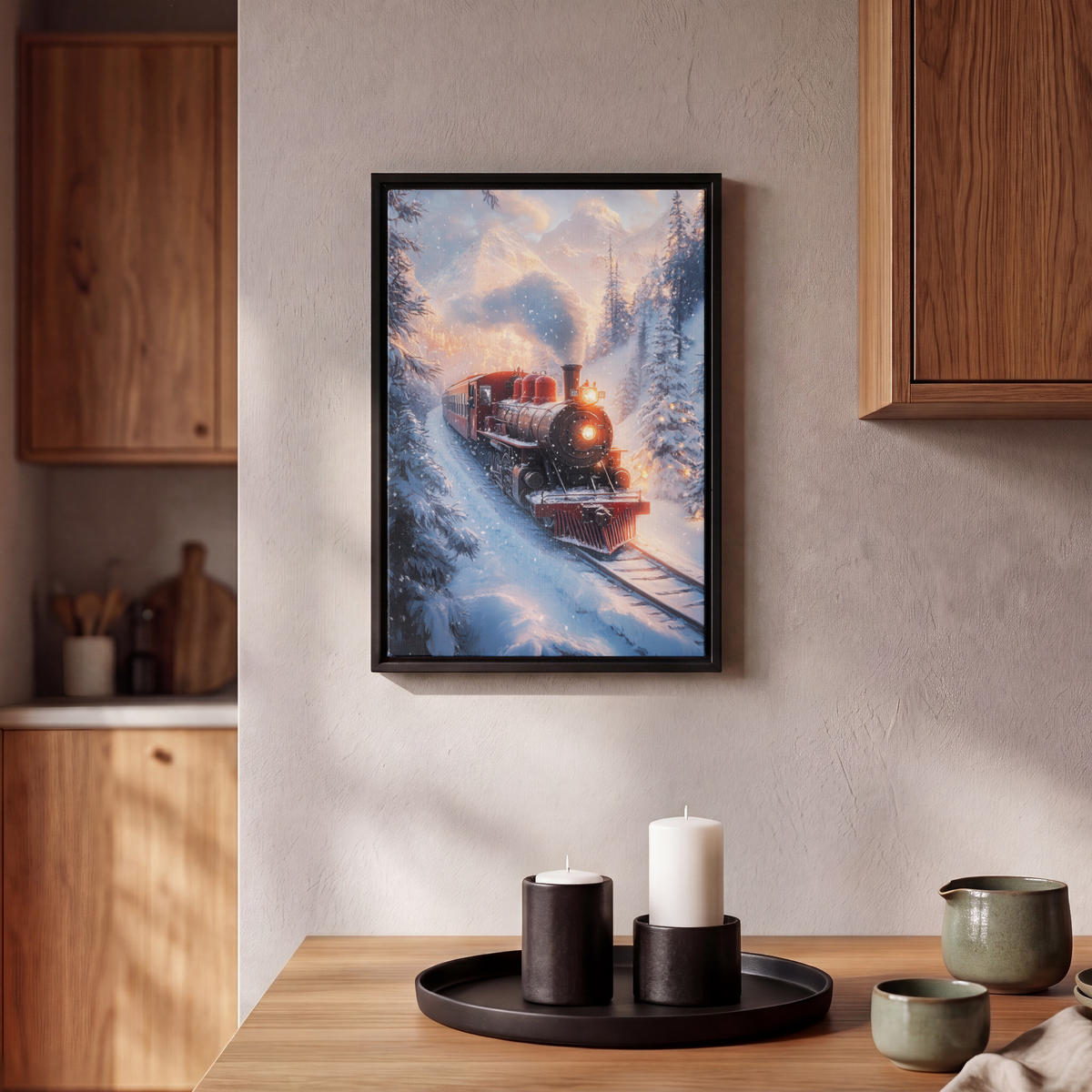 LEINWAND Bilder mit Rahmen - Weihnachtszug - Schnee - Winter - Weihnachten - 20x30 - Dunkelrot, Textil (20/30cm) - MuchoWow