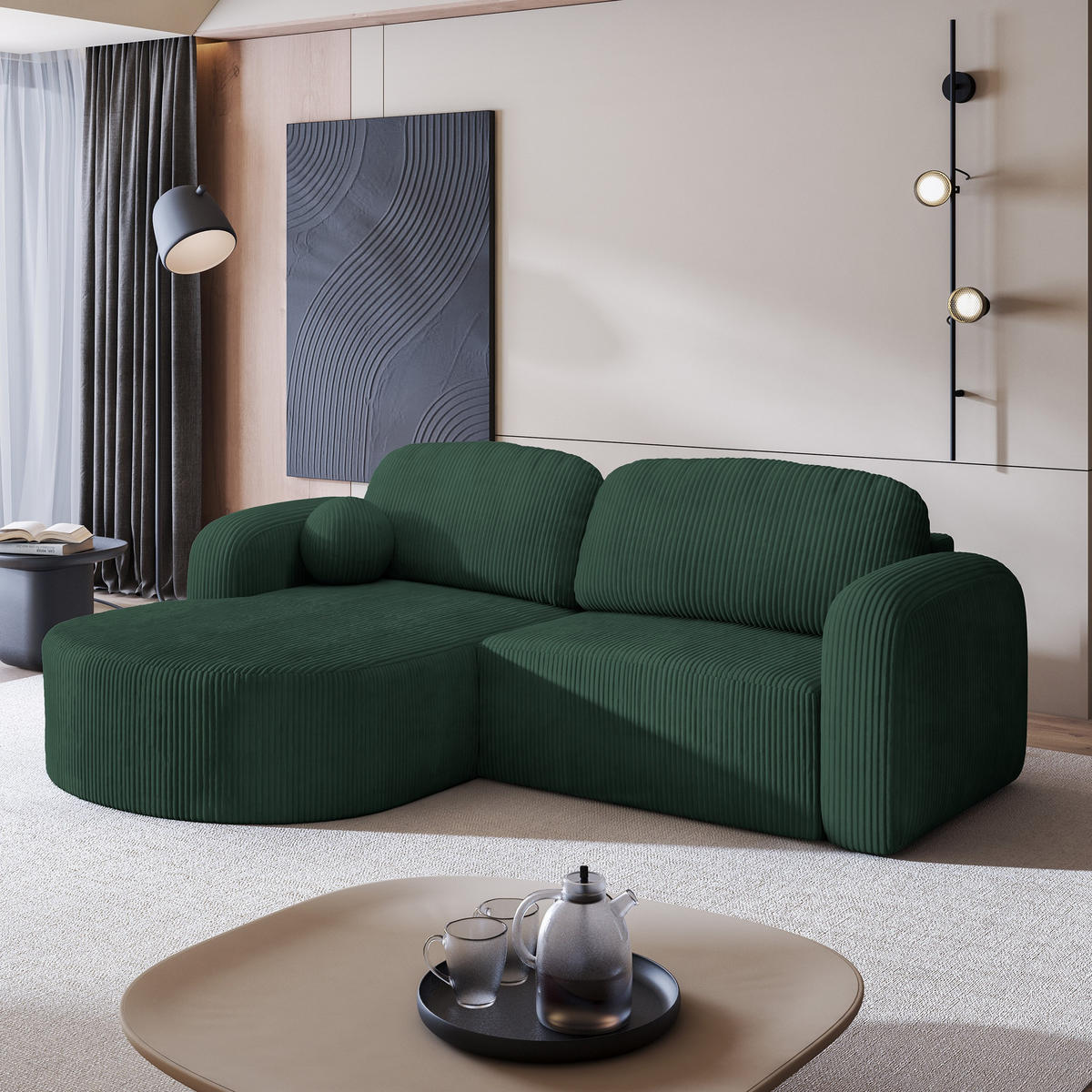 ECKSOFA AMILIA P L-S Grün Kordstoff mit Schlaffunktion - Grün, Holz (263/174cm) - MASSENO