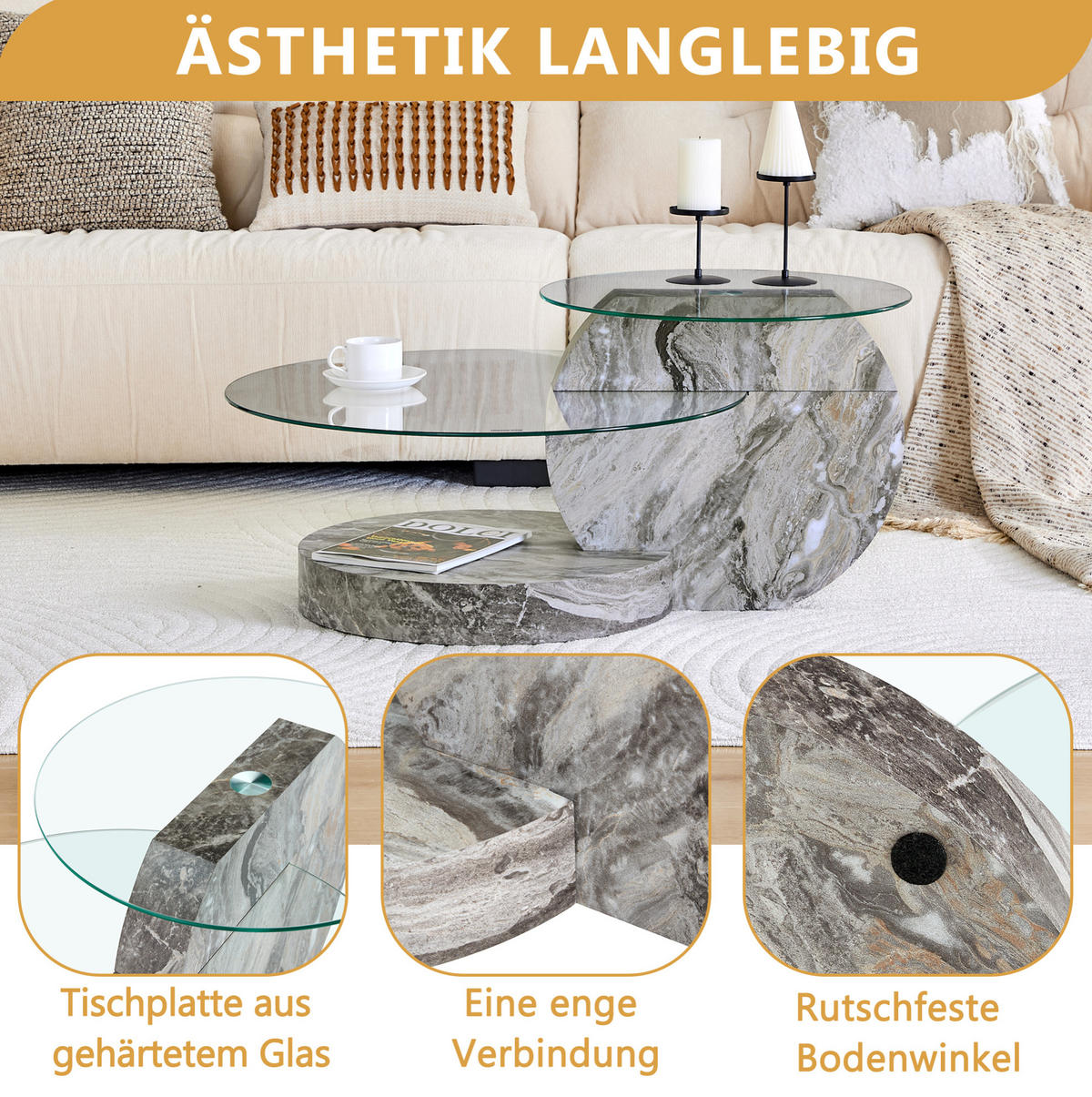 COUCHTISCH 70/50/8 cm grau/transparent aus MDF und Sicherheitsglas mit 2 Ebenen - Transparent, Holzwerkstoff (90/70/44cm) - OKMYHOME
