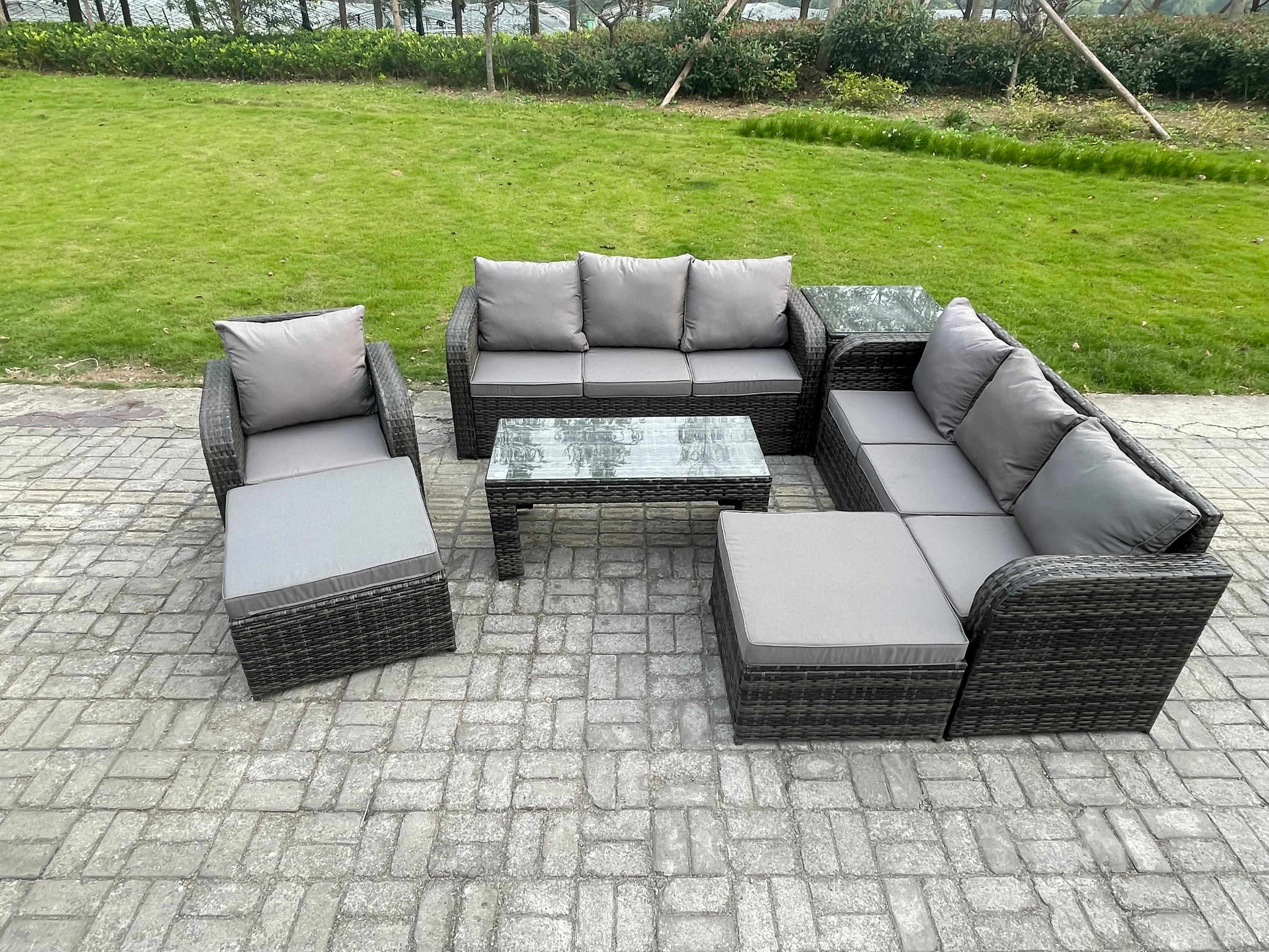 GARTENSOFA SET mit rechteckigem COUCHTISCH Polyrattan 9-Sitzer Dunkelgrau - Dunkelgrau/Grau, Glas/Kunststoff - Fimous