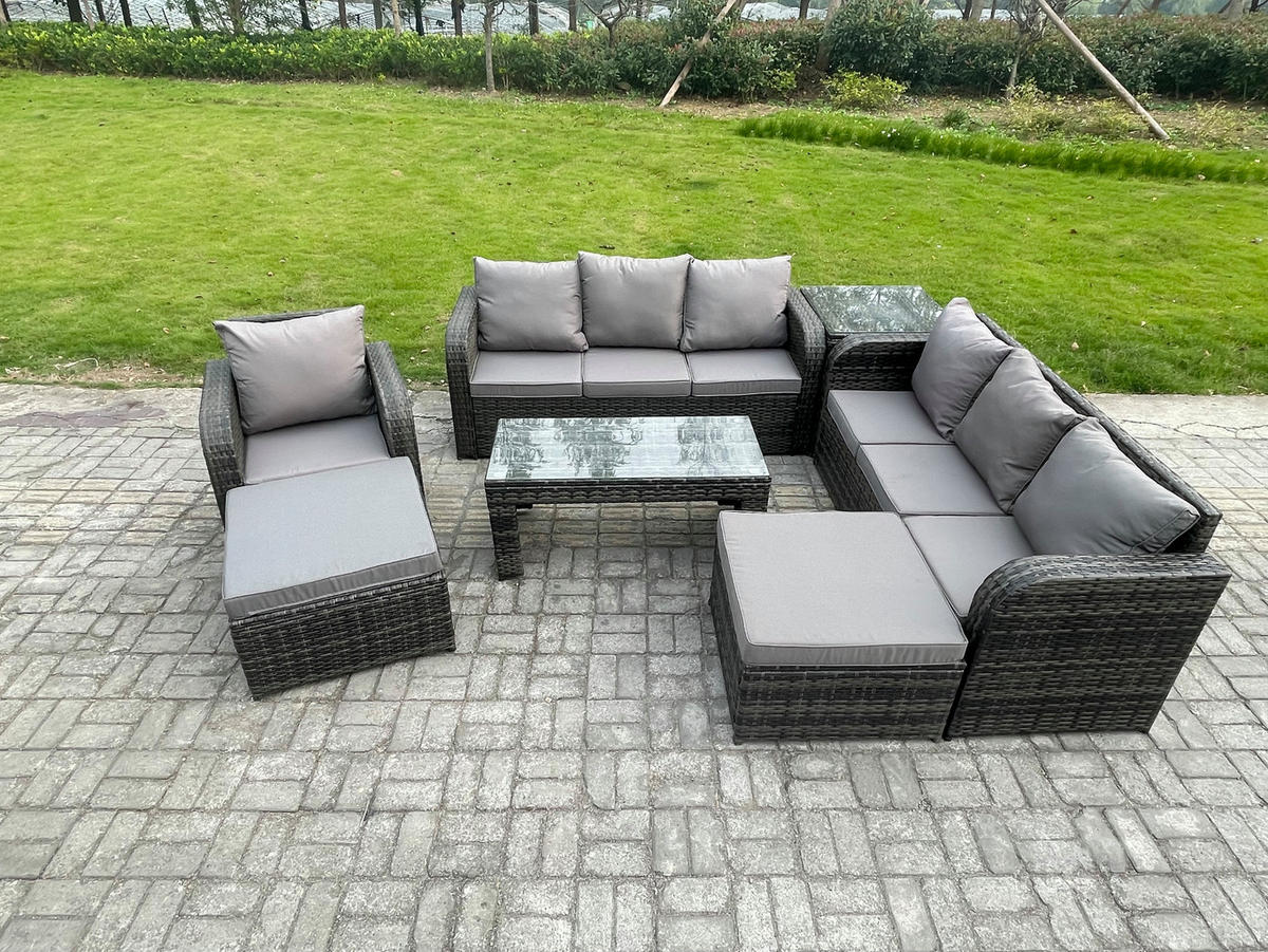 GARTENSOFA SET mit rechteckigem COUCHTISCH Polyrattan 9-Sitzer Dunkelgrau - Dunkelgrau/Grau, Glas/Kunststoff - Fimous