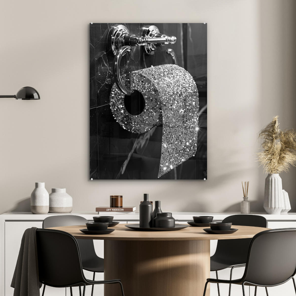 ACRYLGLASBILD WC - Toilettenpapier - Schwarz und weiß - Glitter 60x80 cm - Silberfarben, Glas (60/80cm) - MuchoWow