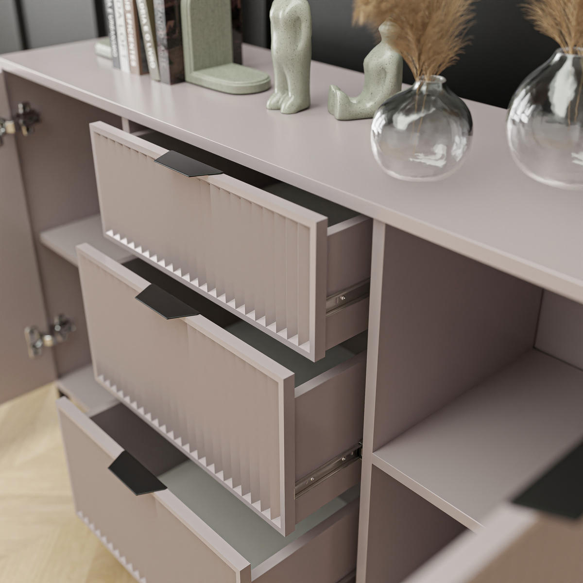 KOMMODE klein Aufbewahrungsschrank mit 3 Schubladen und 2 Türen, Beige - Beige, Holzwerkstoff (135/87/41cm) - Idohome