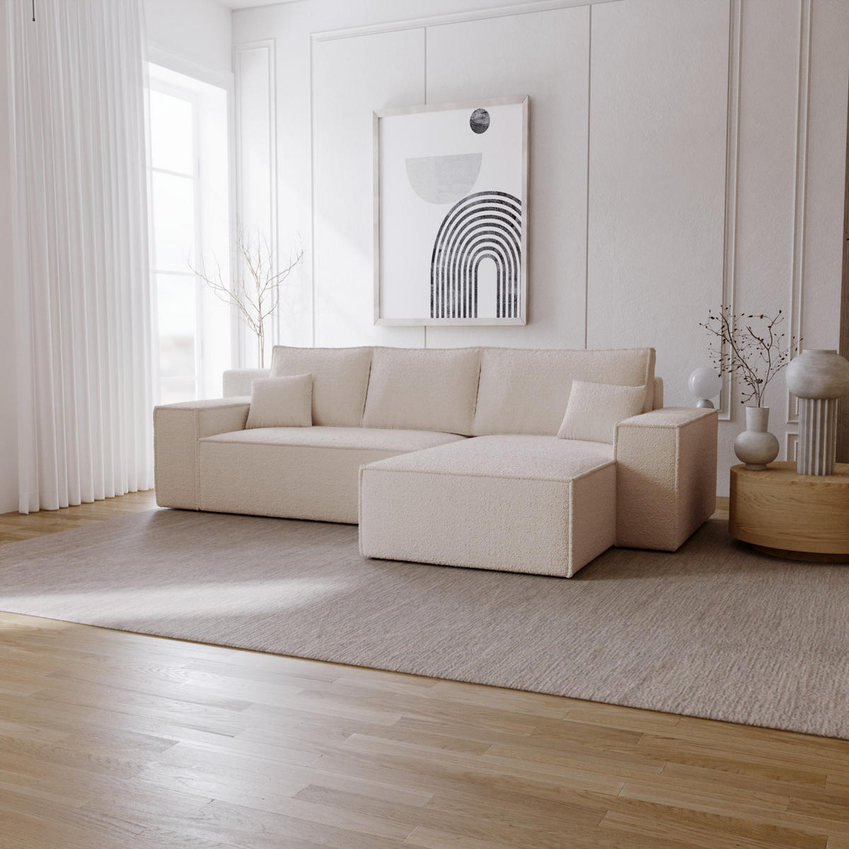 ECKSOFA Bouclé 280 cm Bergamo L mit Bettkasten, Schlaffunktion, Rechts - Beige - Beige, Holz (189/277cm) - Emporius
