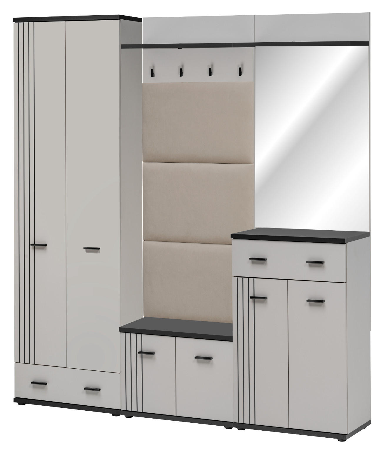 GARDEROBEN-SET Kaschmir, schwarz 5-teilig 180 cm, Flurgarderobe mit viel Stauraum - Kaschmir/Schwarz, Glas/Holzwerkstoff (180/203/32cm) - Inn.Furn