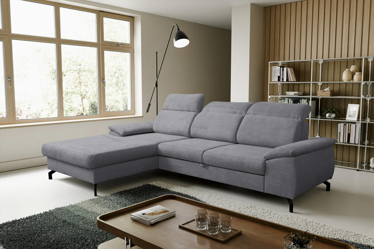 ECKSOFA MALIBU mit Schlaffunktion und Bettkasten, Farbe: Dunkelgrau, Velourstoff, Ottomane Links - Dunkelgrau, Textil (276/184cm) - VENASI MÖBEL