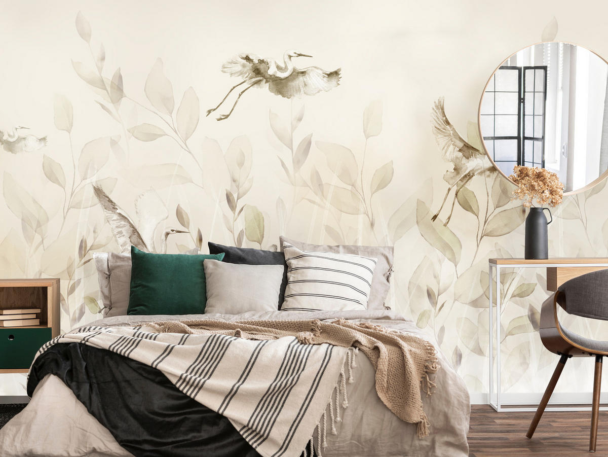 FOTOTAPETE Vögel Blätter Wiese Retro Stil 350x256 - Beige, Papier (350/256cm) - Muralo