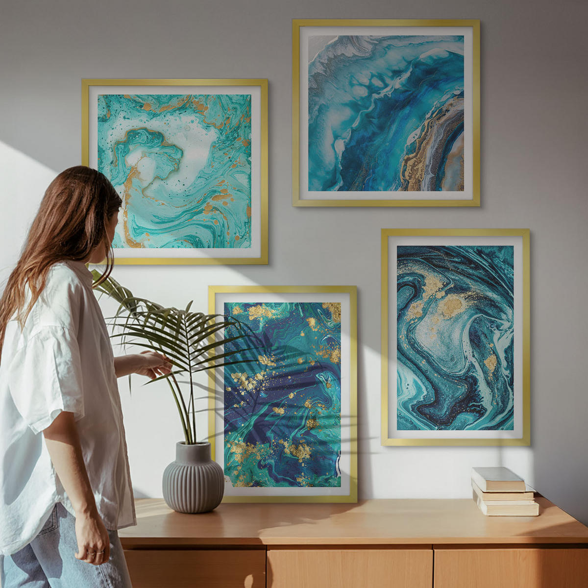 BILDER SET 4er Set - 50x50 cm & 40x60 cm Goldrahmen - Abstraktionen dekorativer Malerei - Goldfarben, Kunststoff (50/50cm) - TULUP