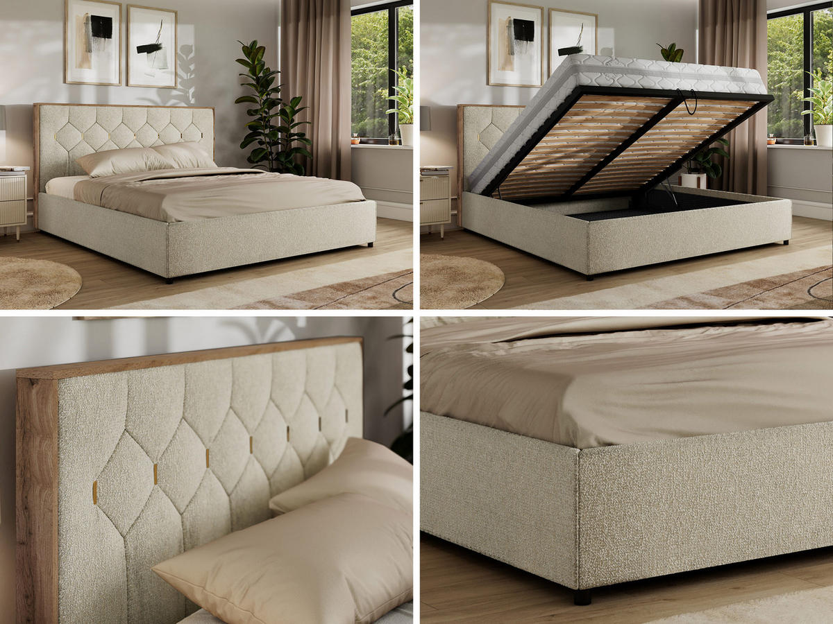 POLSTERBETT LARINO CLASSIC 140/200 - Creme Strukture - Schaum-Matratze - Creme, Textil (140/200cm) - MKS