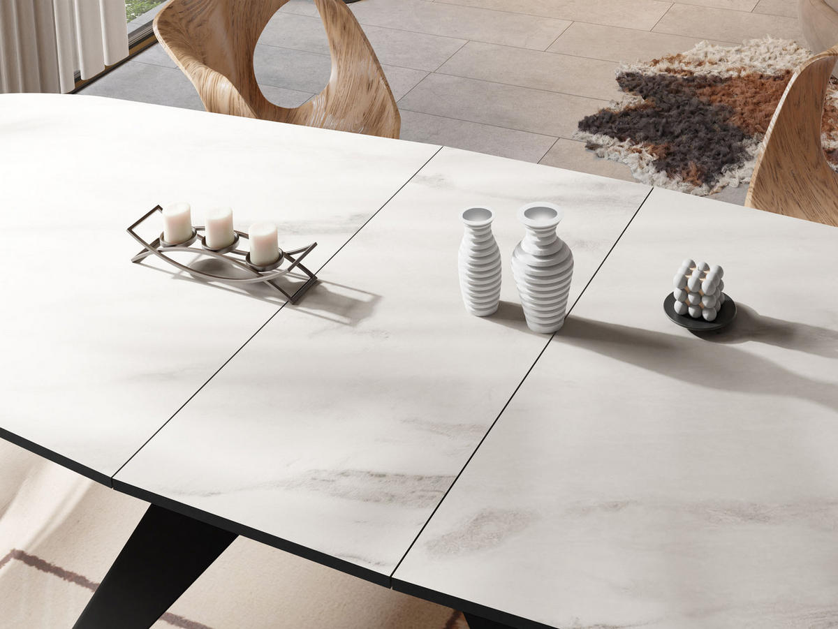 ESSTISCH Foster rechteckig ausziehbar, Marmor Weiß 160-198/80/76 cm - Ecru/Schwarz, Holzwerkstoff/Metall (160/80/76cm) - WFL GROUP