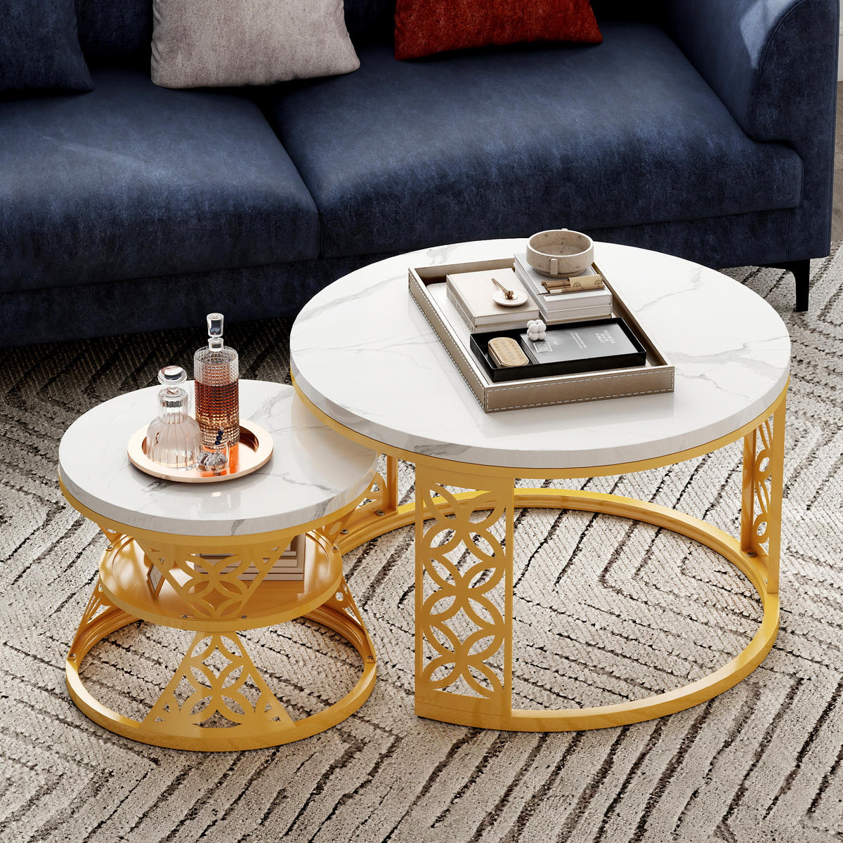COUCHTISCH in Goldfarben Hitzebeständiger Wohnzimmertisch mit Marmor-Optik Platte Sofatisch mit Metallgestell - Goldfarben/Weiß, Holzwerkstoff/Metall (70/70/45cm) - STILVORA