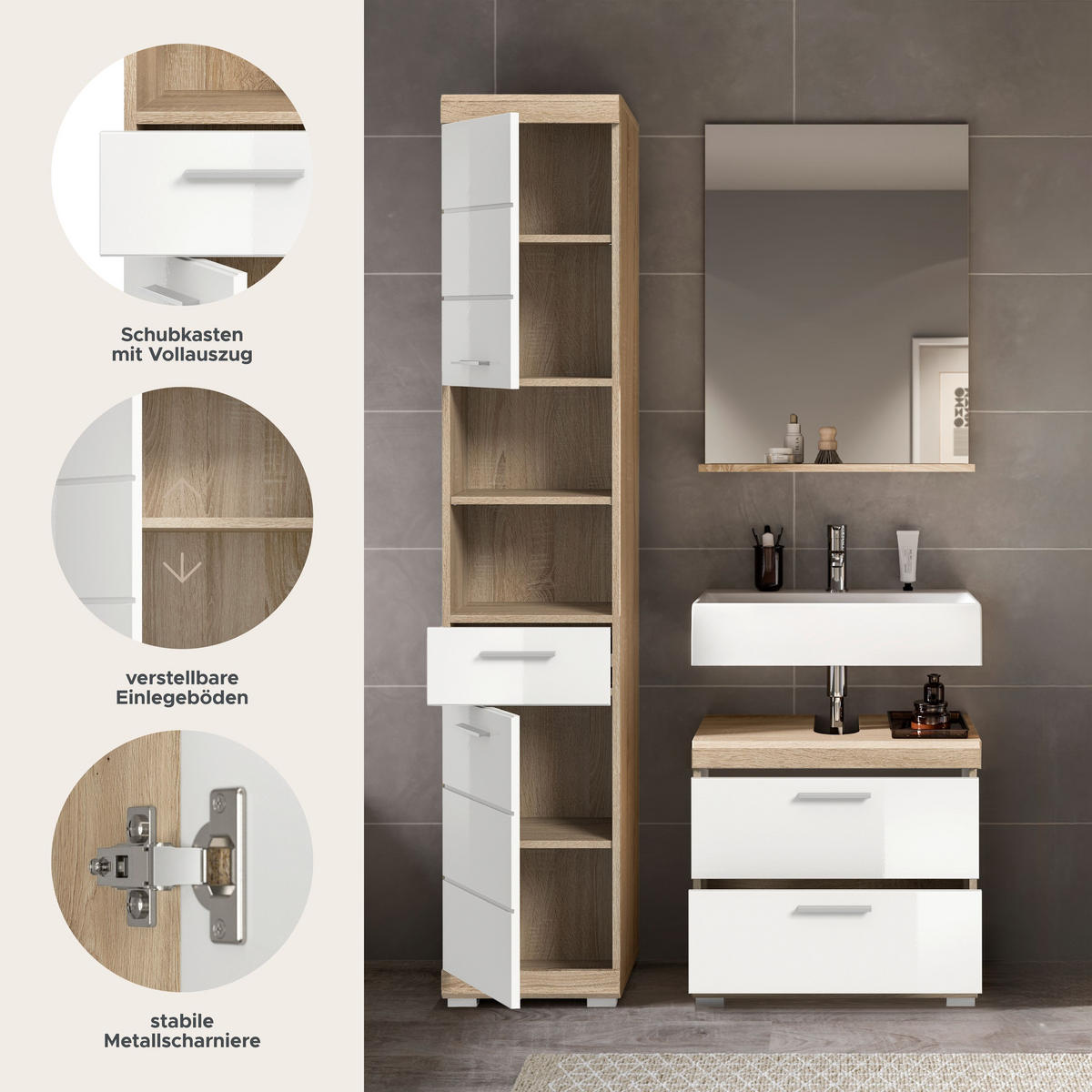 BADKOMBINATION 3tlg. Lambada Bad in Sonoma Eiche hell und weiß hochglanz B/H/T: 112x191x34 cm - Sonoma Eiche, Holz (112/191/37cm)