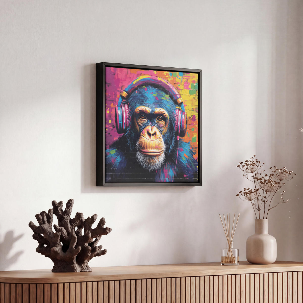 LEINWAND Bilder mit Rahmen - Graffiti - Schimpanse - Straßenkunst - Kopfhörer - Affe - 20x20 - Blau, Textil (20/20cm) - MuchoWow