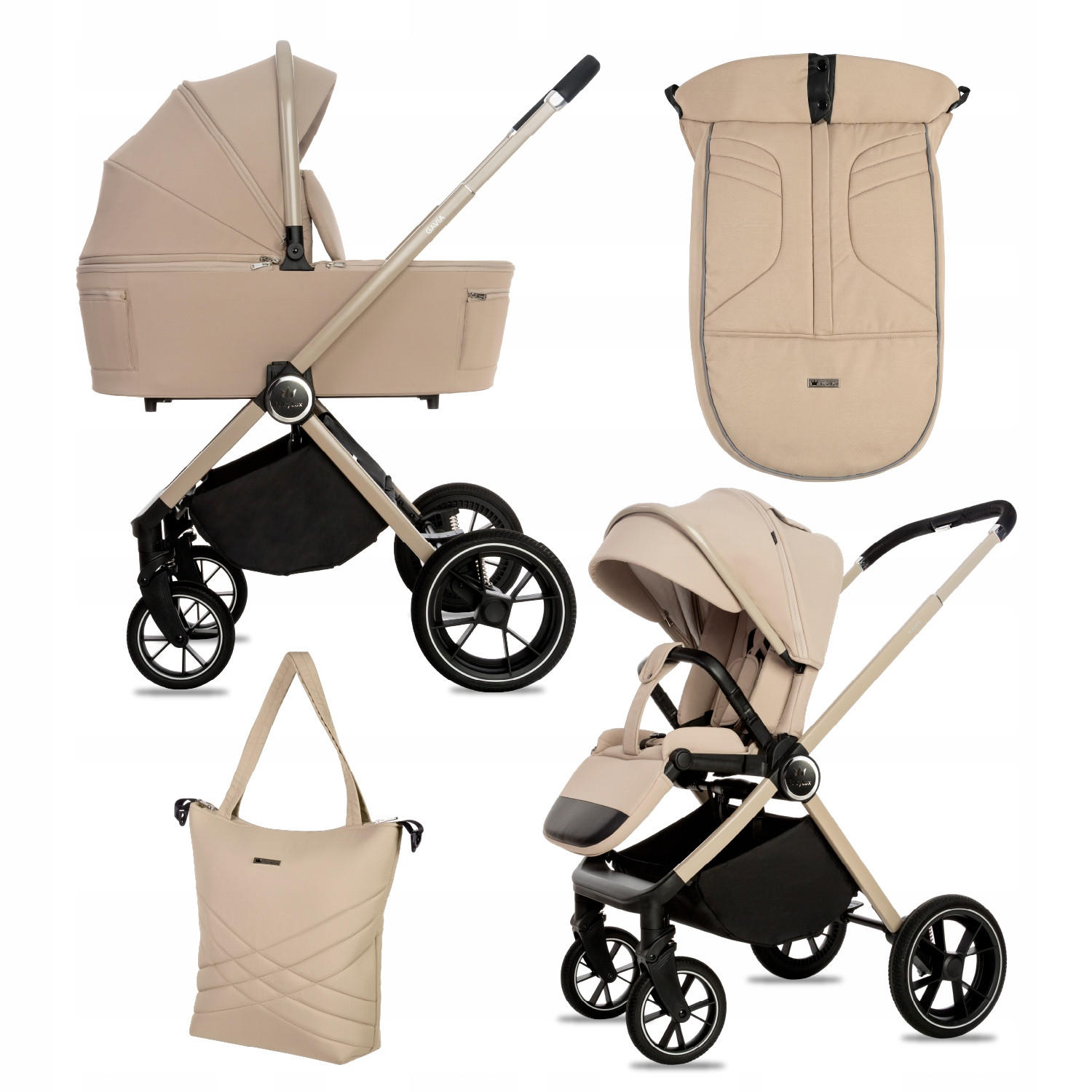 KINDERWAGEN Gavia 2in1 Brownie Babywanne, Buggy Sportsitz, Faltbar, Wickeltasche - Beige/Schwarz, Textil/Metall (58/100cm) - BabyLux